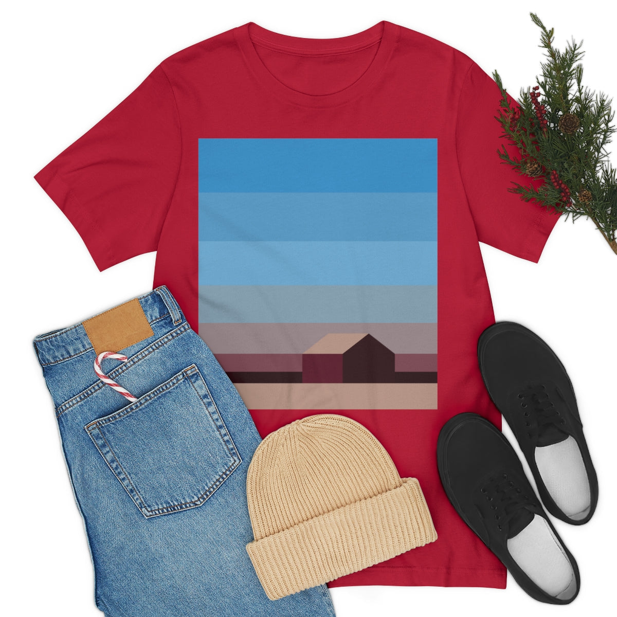 Sunset House Minimalist Abstract Art Landscape Minimal Design Unisex Jersey Short Sleeve T-Shirt Ichaku [Perfect Gifts Selection]