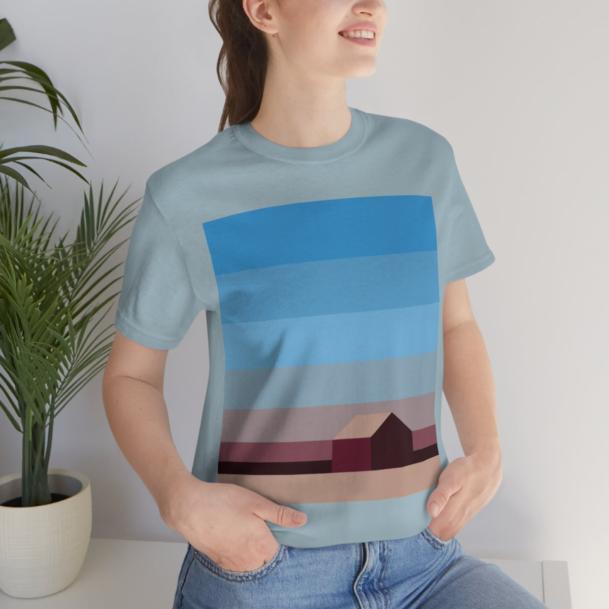 Sunset House Minimalist Abstract Art Landscape Minimal Design Unisex Jersey Short Sleeve T-Shirt Ichaku [Perfect Gifts Selection]