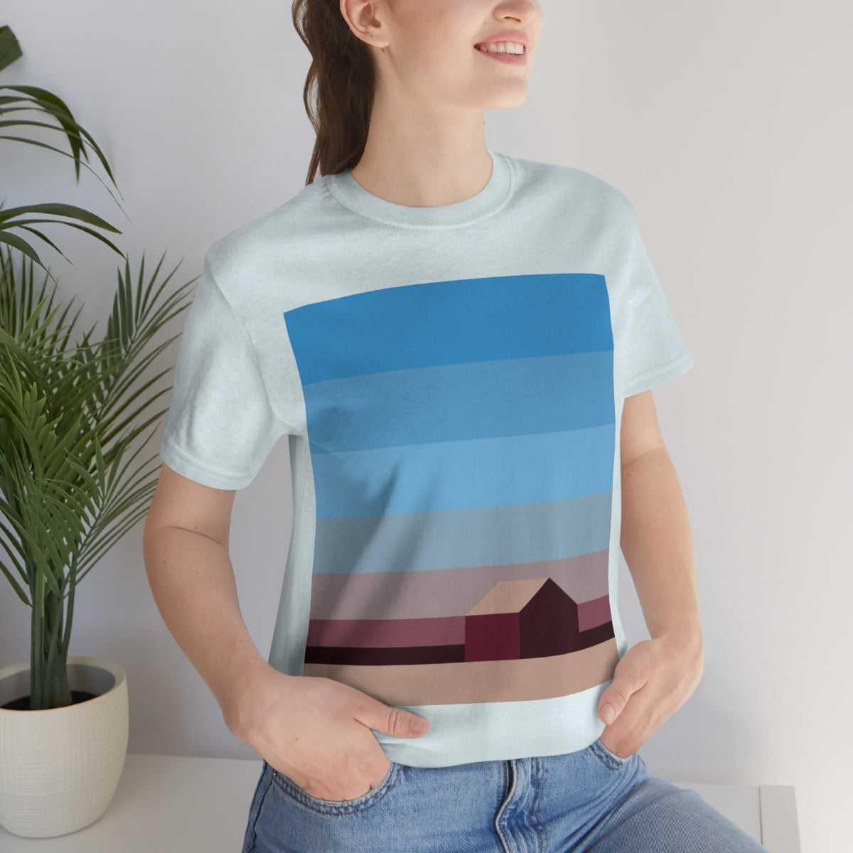 Sunset House Minimalist Abstract Art Landscape Minimal Design Unisex Jersey Short Sleeve T-Shirt Ichaku [Perfect Gifts Selection]