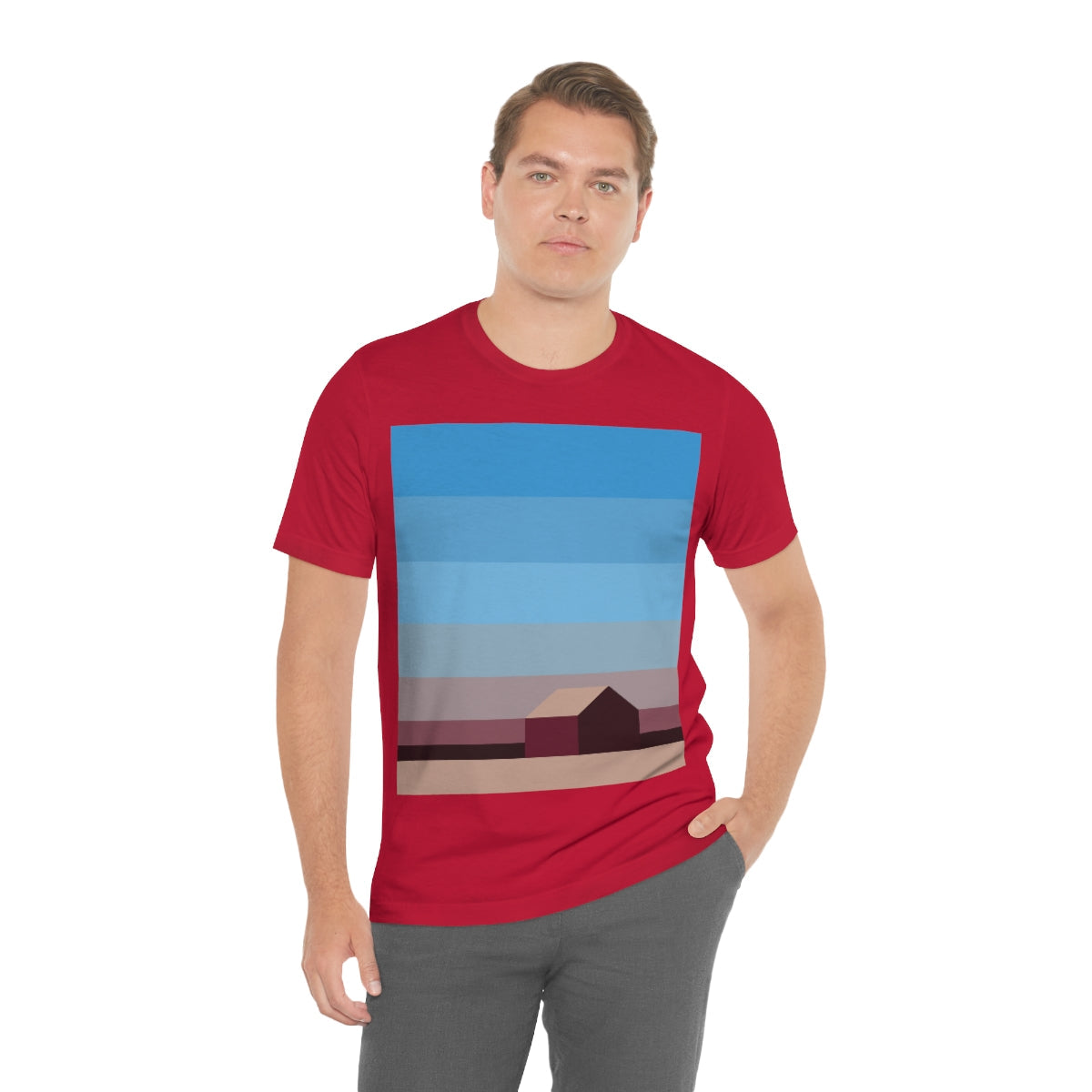 Sunset House Minimalist Abstract Art Landscape Minimal Design Unisex Jersey Short Sleeve T-Shirt Ichaku [Perfect Gifts Selection]