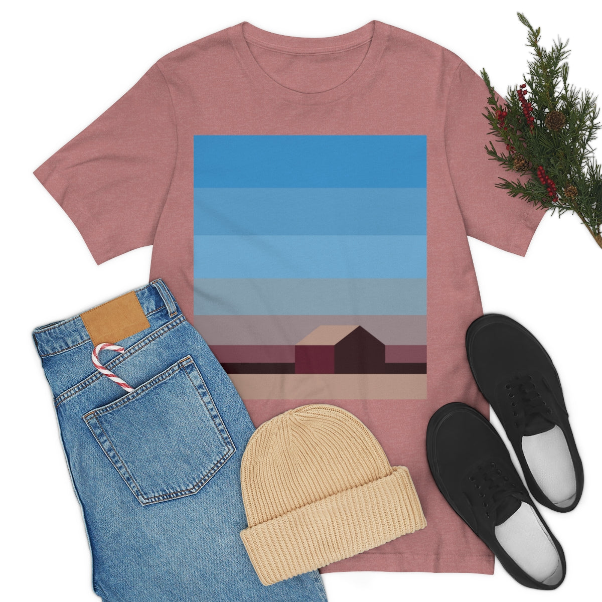 Sunset House Minimalist Abstract Art Landscape Minimal Design Unisex Jersey Short Sleeve T-Shirt Ichaku [Perfect Gifts Selection]