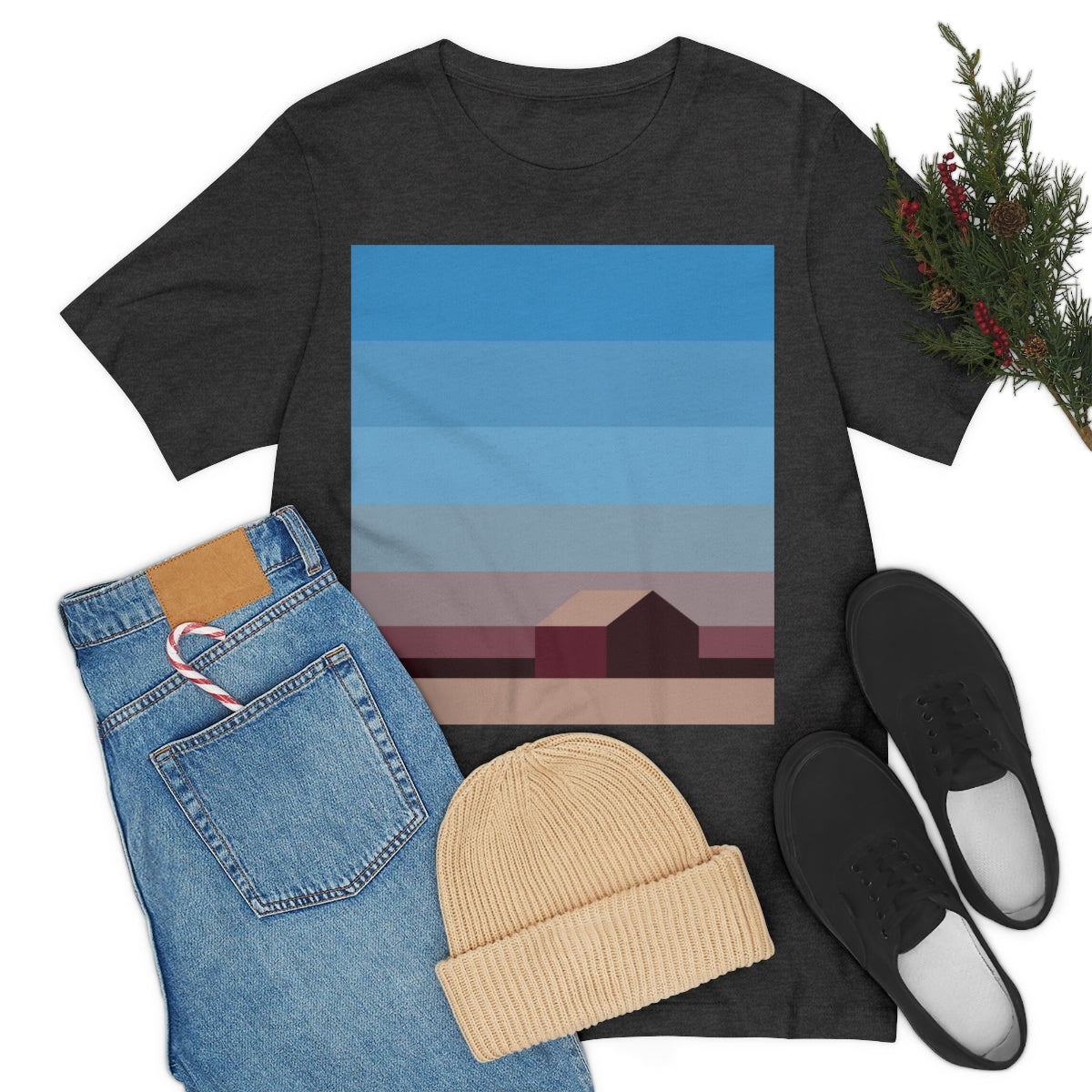 Sunset House Minimalist Abstract Art Landscape Minimal Design Unisex Jersey Short Sleeve T-Shirt Ichaku [Perfect Gifts Selection]