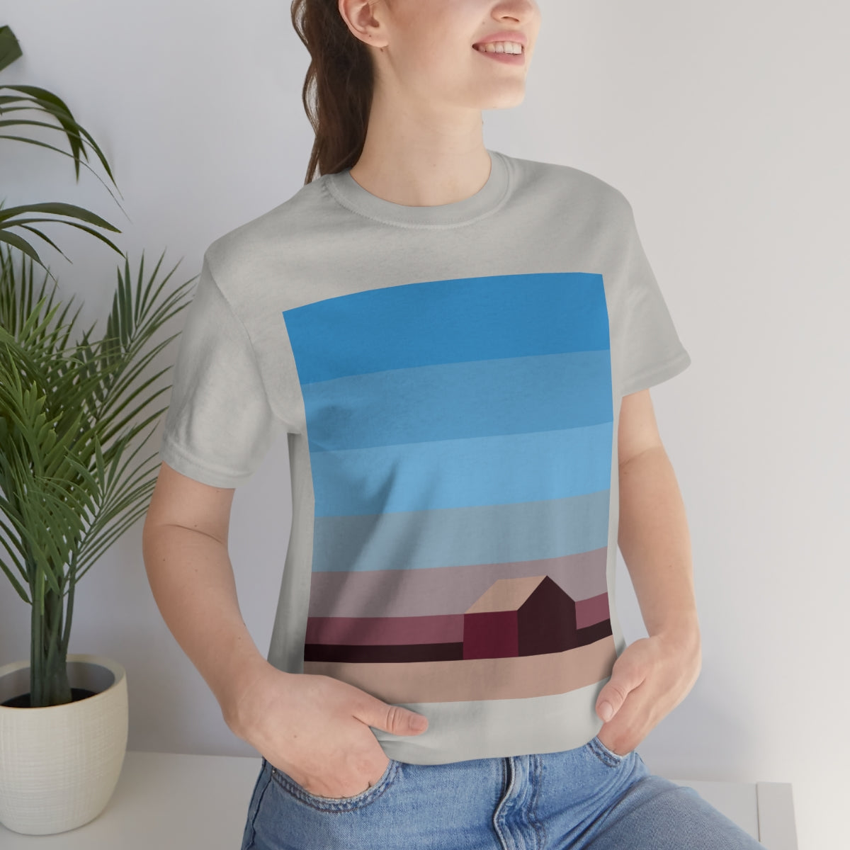 Sunset House Minimalist Abstract Art Landscape Minimal Design Unisex Jersey Short Sleeve T-Shirt Ichaku [Perfect Gifts Selection]