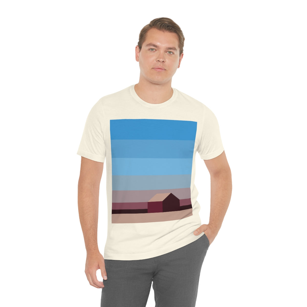 Sunset House Minimalist Abstract Art Landscape Minimal Design Unisex Jersey Short Sleeve T-Shirt Ichaku [Perfect Gifts Selection]