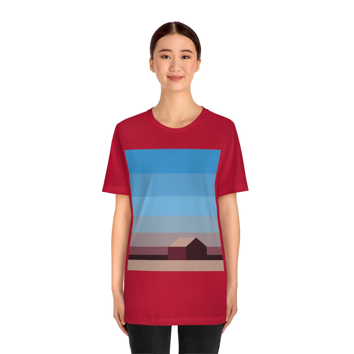 Sunset House Minimalist Abstract Art Landscape Minimal Design Unisex Jersey Short Sleeve T-Shirt Ichaku [Perfect Gifts Selection]