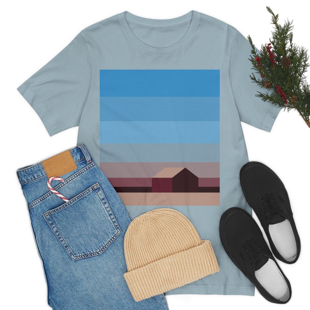 Sunset House Minimalist Abstract Art Landscape Minimal Design Unisex Jersey Short Sleeve T-Shirt Ichaku [Perfect Gifts Selection]