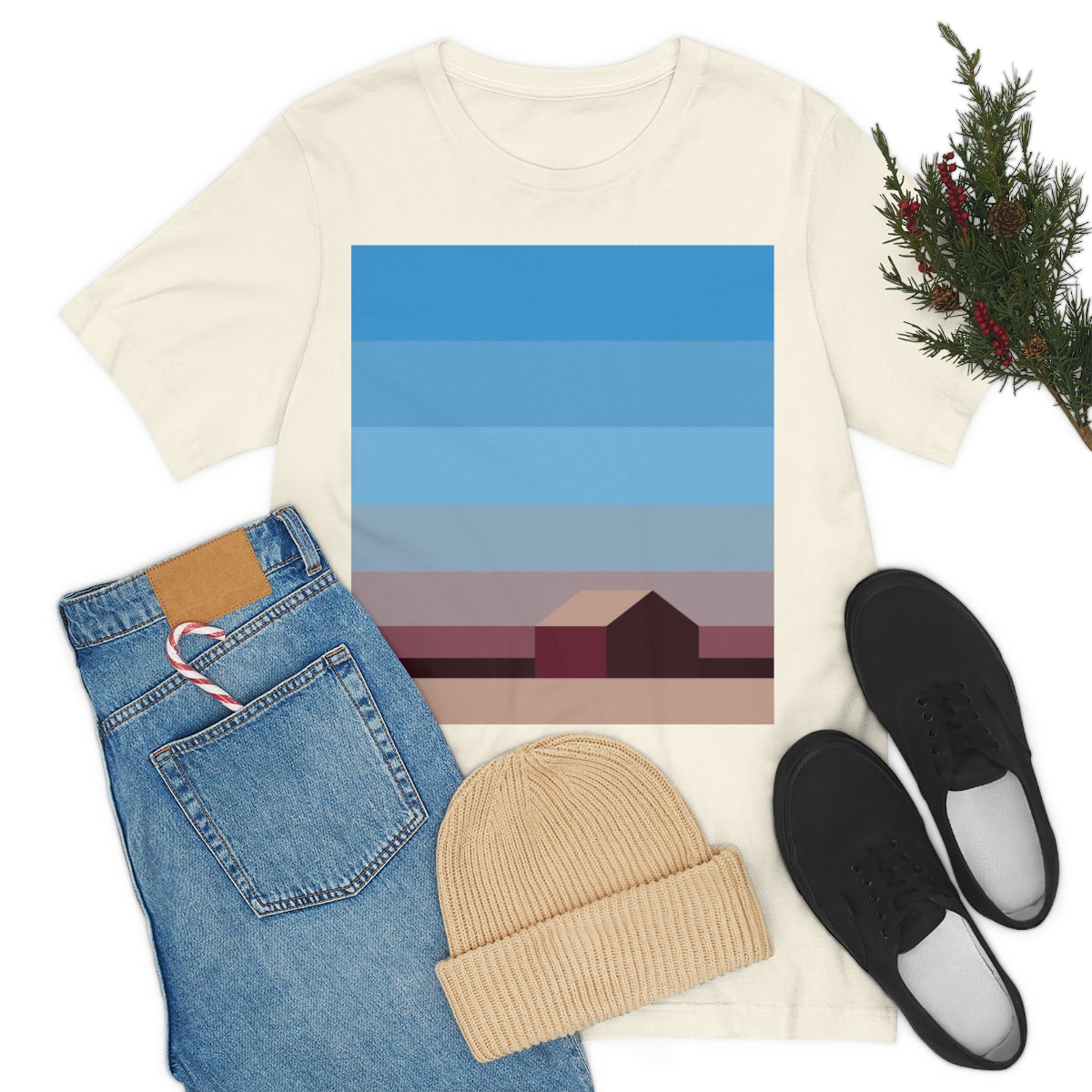 Sunset House Minimalist Abstract Art Landscape Minimal Design Unisex Jersey Short Sleeve T-Shirt Ichaku [Perfect Gifts Selection]