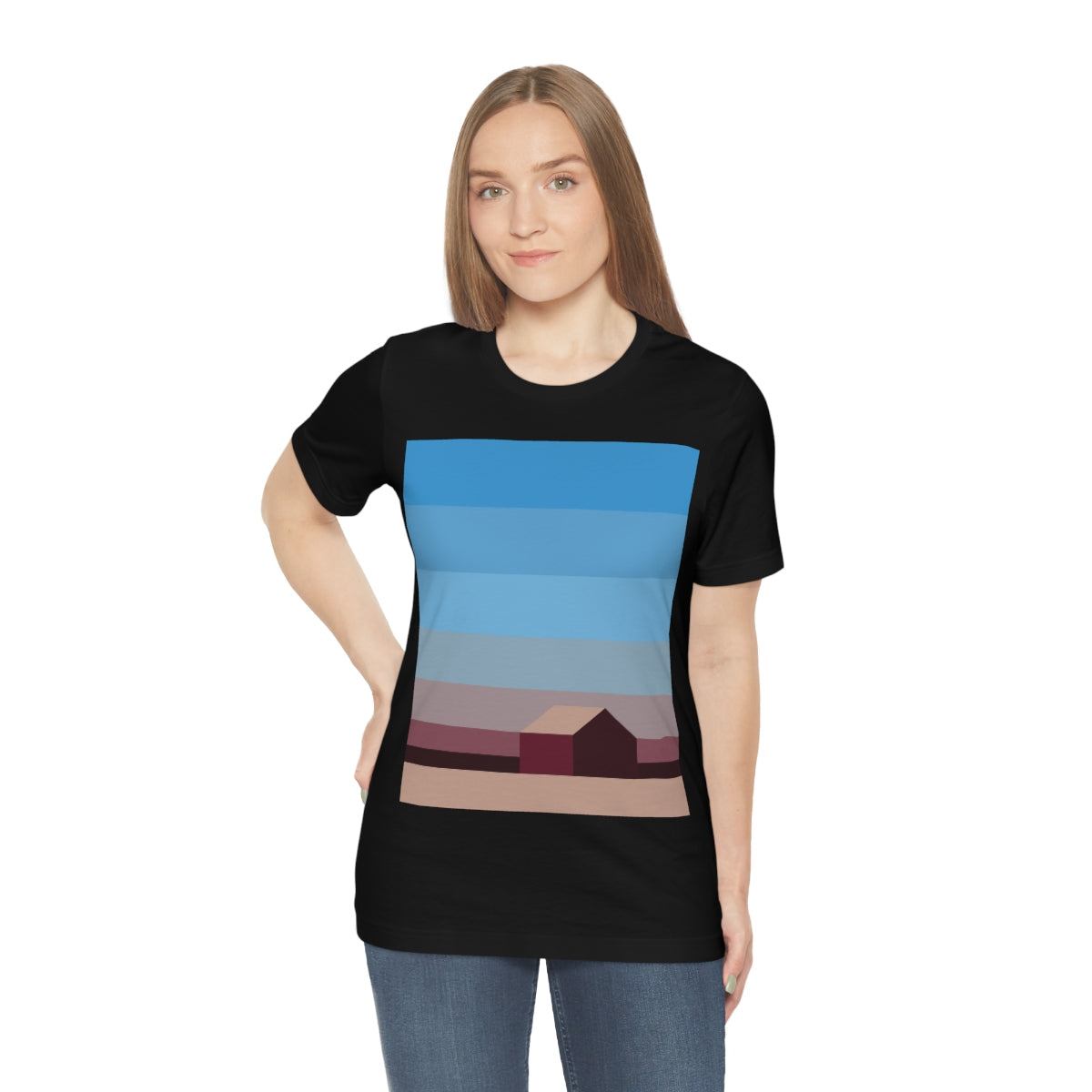 Sunset House Minimalist Abstract Art Landscape Minimal Design Unisex Jersey Short Sleeve T-Shirt Ichaku [Perfect Gifts Selection]