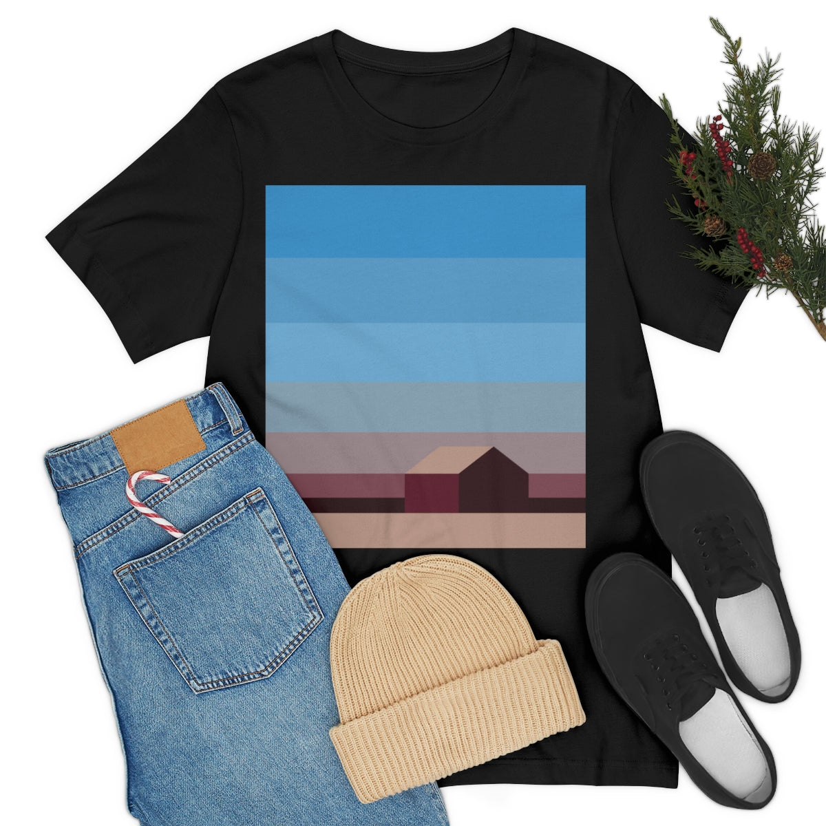 Sunset House Minimalist Abstract Art Landscape Minimal Design Unisex Jersey Short Sleeve T-Shirt Ichaku [Perfect Gifts Selection]