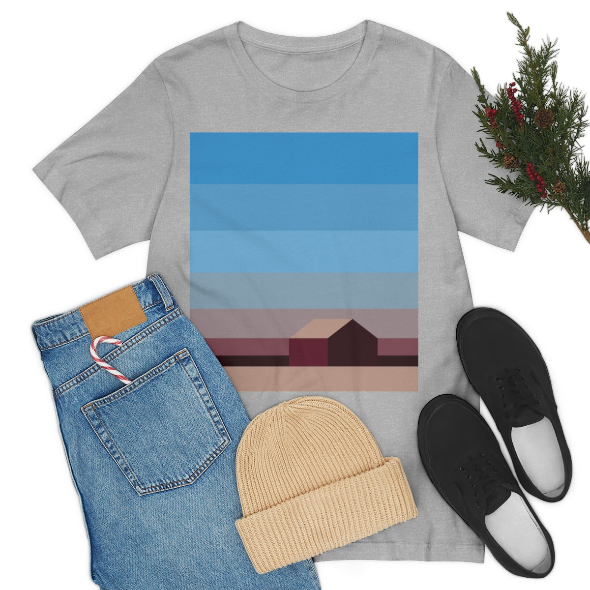 Sunset House Minimalist Abstract Art Landscape Minimal Design Unisex Jersey Short Sleeve T-Shirt Ichaku [Perfect Gifts Selection]