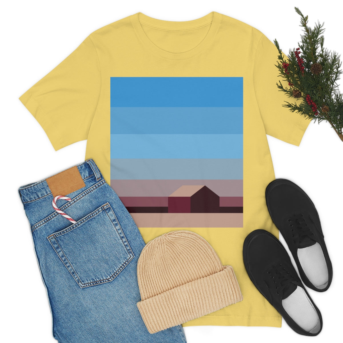 Sunset House Minimalist Abstract Art Landscape Minimal Design Unisex Jersey Short Sleeve T-Shirt Ichaku [Perfect Gifts Selection]