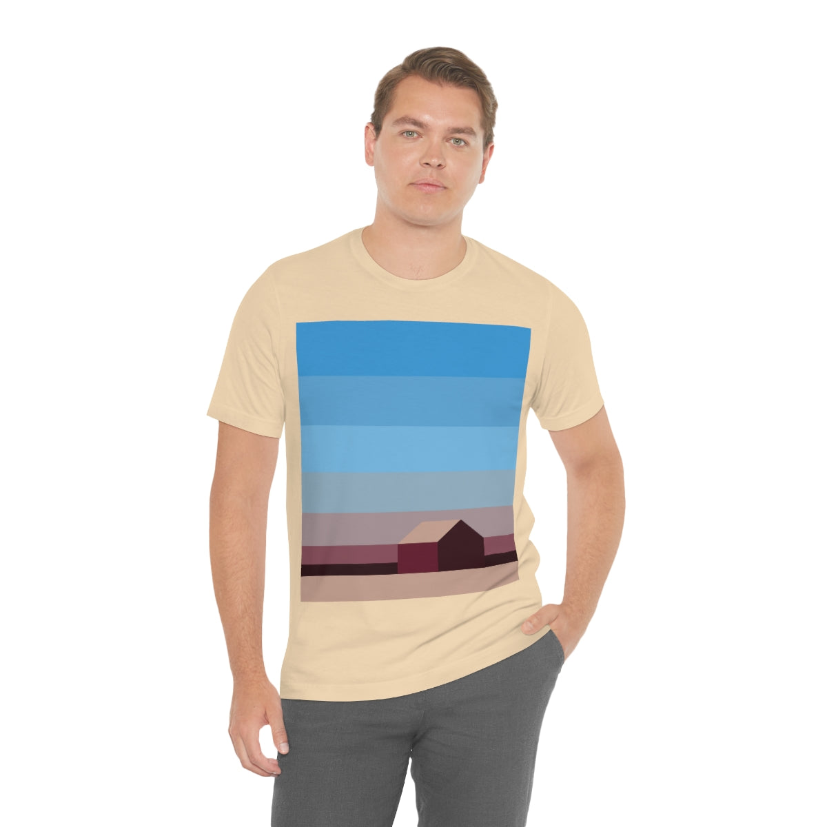 Sunset House Minimalist Abstract Art Landscape Minimal Design Unisex Jersey Short Sleeve T-Shirt Ichaku [Perfect Gifts Selection]