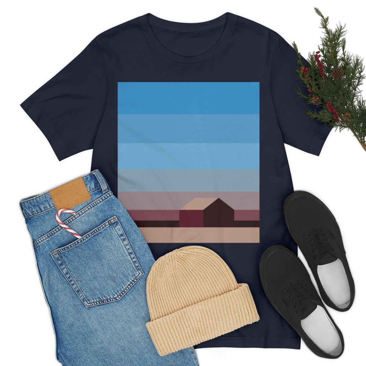 Sunset House Minimalist Abstract Art Landscape Minimal Design Unisex Jersey Short Sleeve T-Shirt Ichaku [Perfect Gifts Selection]