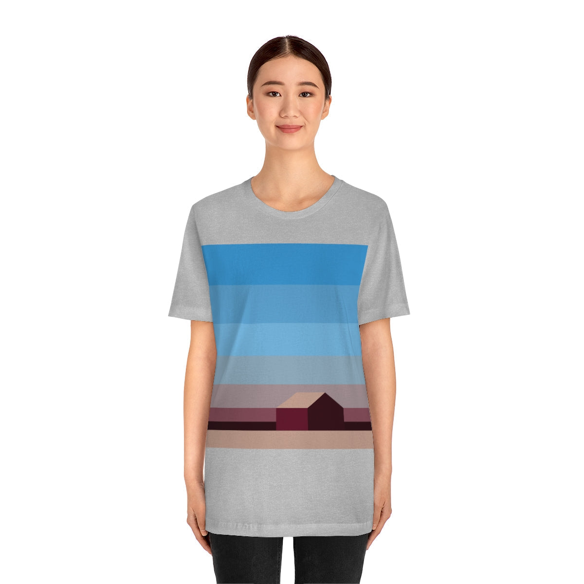 Sunset House Minimalist Abstract Art Landscape Minimal Design Unisex Jersey Short Sleeve T-Shirt Ichaku [Perfect Gifts Selection]