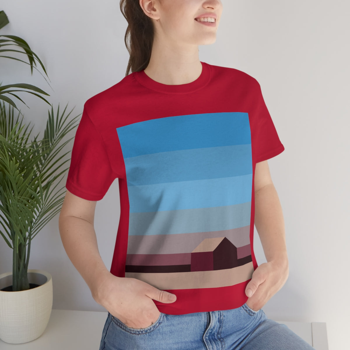 Sunset House Minimalist Abstract Art Landscape Minimal Design Unisex Jersey Short Sleeve T-Shirt Ichaku [Perfect Gifts Selection]