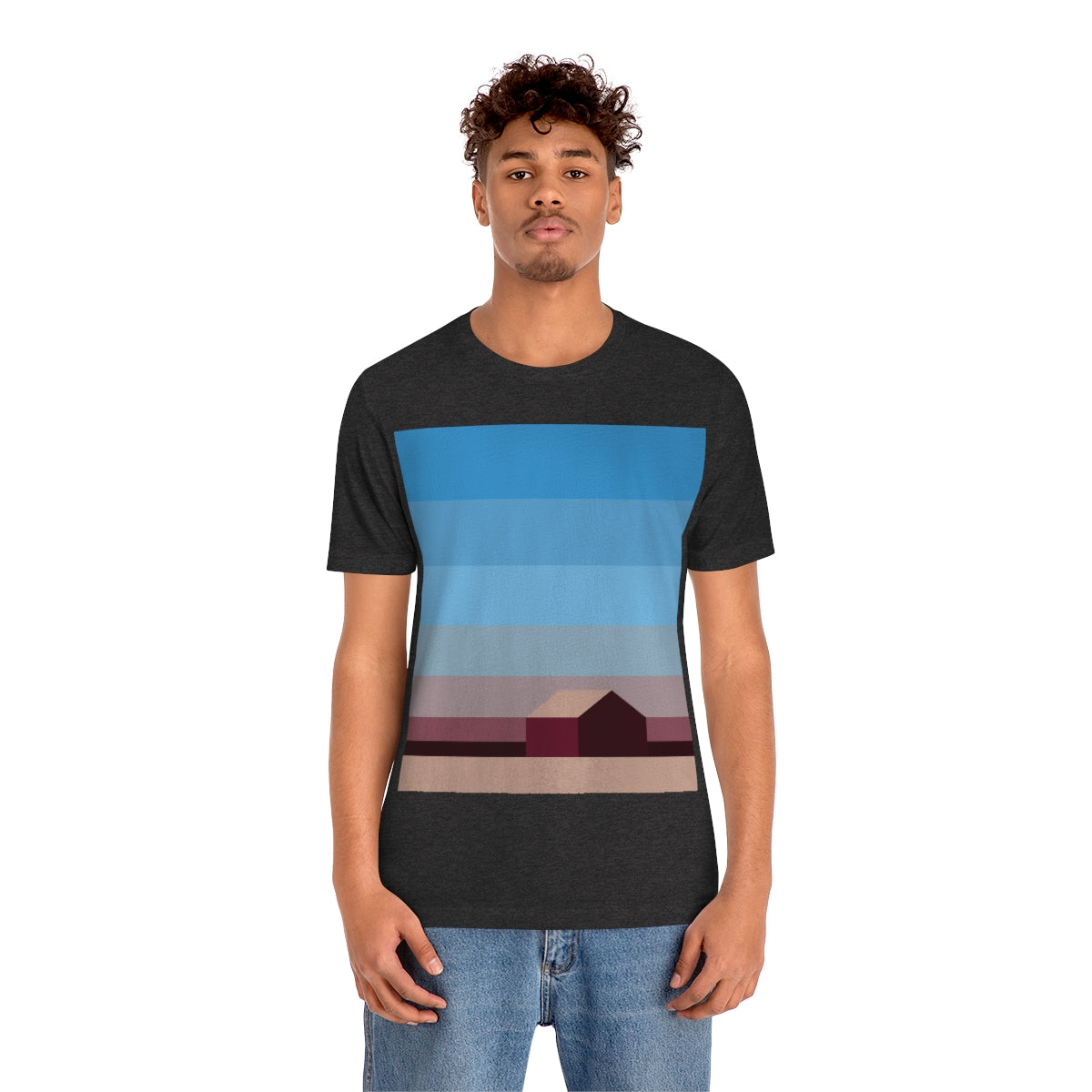 Sunset House Minimalist Abstract Art Landscape Minimal Design Unisex Jersey Short Sleeve T-Shirt Ichaku [Perfect Gifts Selection]