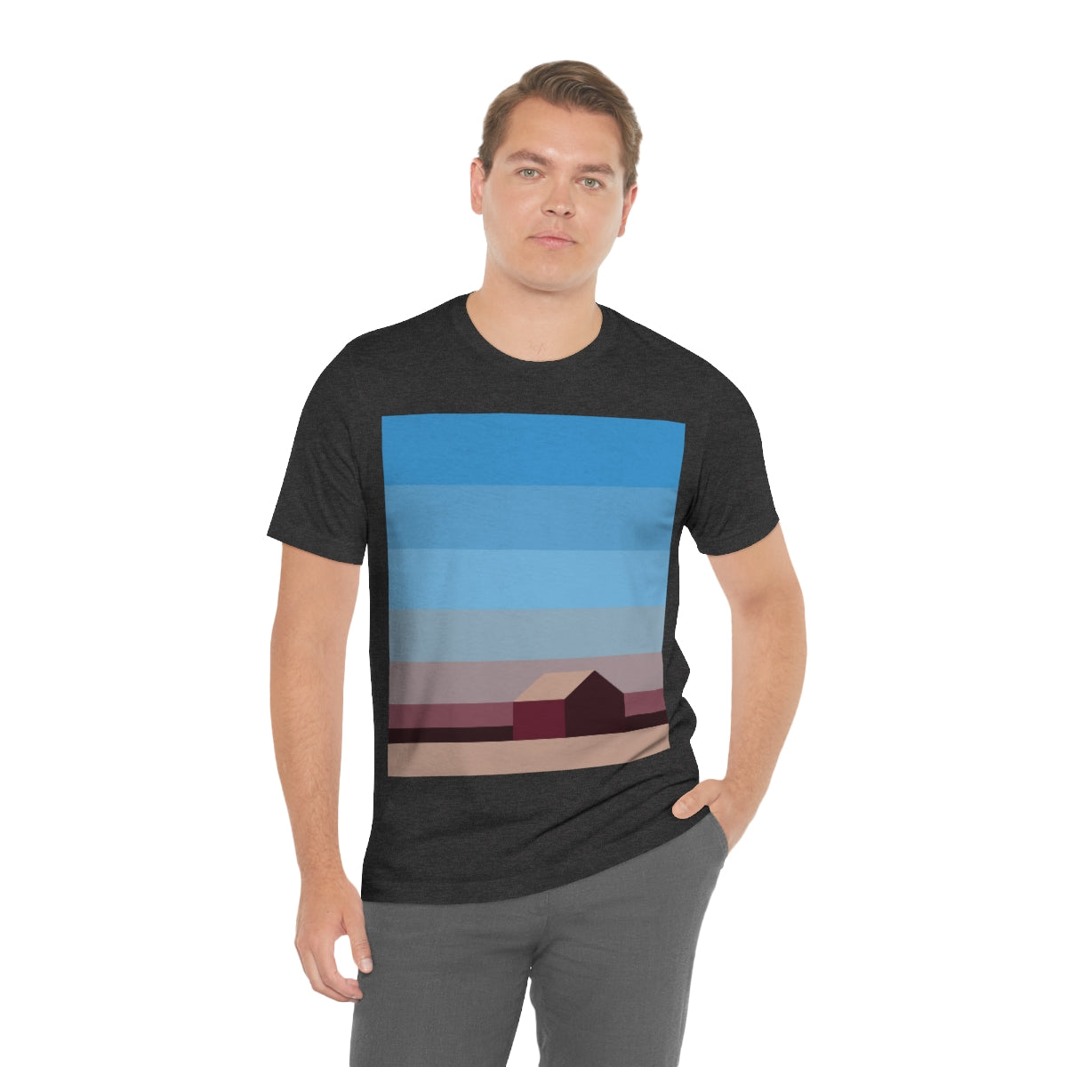 Sunset House Minimalist Abstract Art Landscape Minimal Design Unisex Jersey Short Sleeve T-Shirt Ichaku [Perfect Gifts Selection]