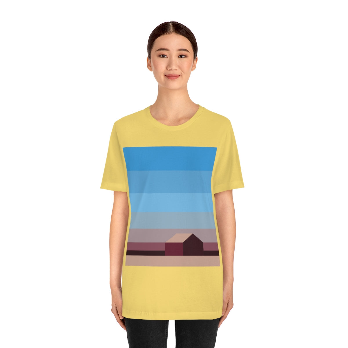 Sunset House Minimalist Abstract Art Landscape Minimal Design Unisex Jersey Short Sleeve T-Shirt Ichaku [Perfect Gifts Selection]