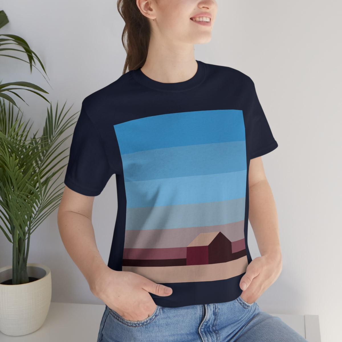 Sunset House Minimalist Abstract Art Landscape Minimal Design Unisex Jersey Short Sleeve T-Shirt Ichaku [Perfect Gifts Selection]