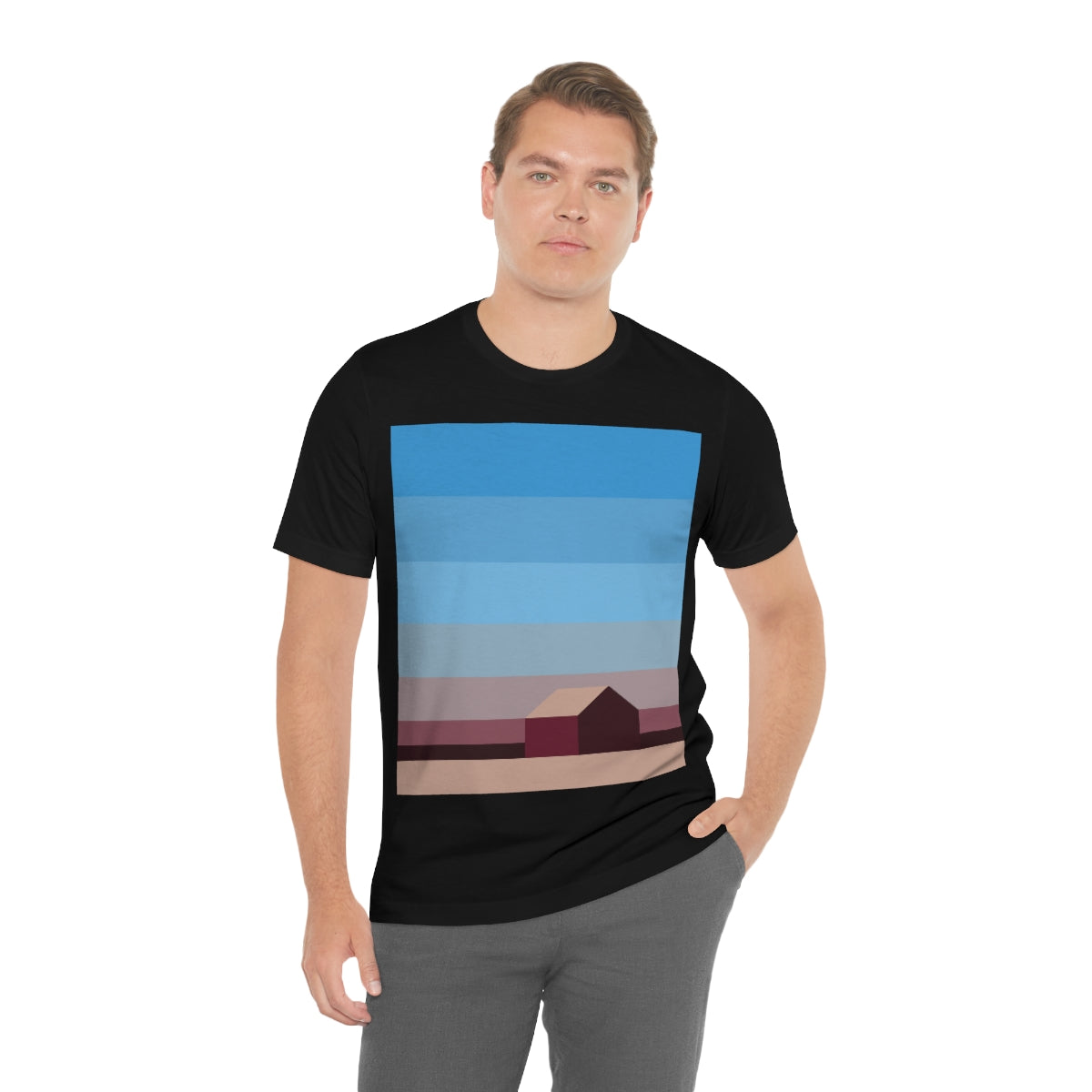 Sunset House Minimalist Abstract Art Landscape Minimal Design Unisex Jersey Short Sleeve T-Shirt Ichaku [Perfect Gifts Selection]