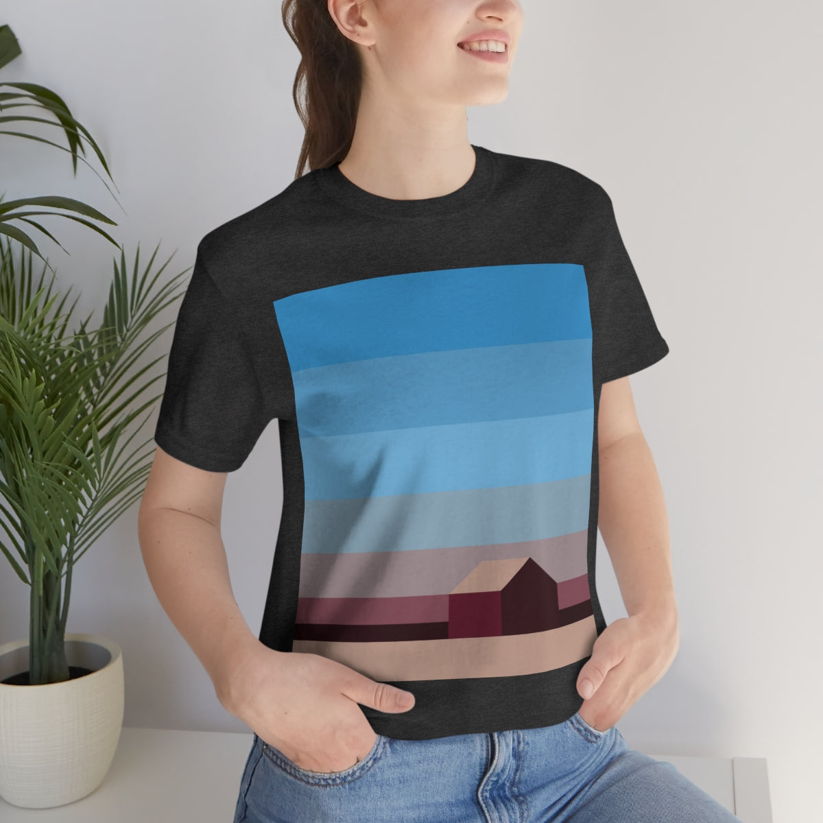 Sunset House Minimalist Abstract Art Landscape Minimal Design Unisex Jersey Short Sleeve T-Shirt Ichaku [Perfect Gifts Selection]