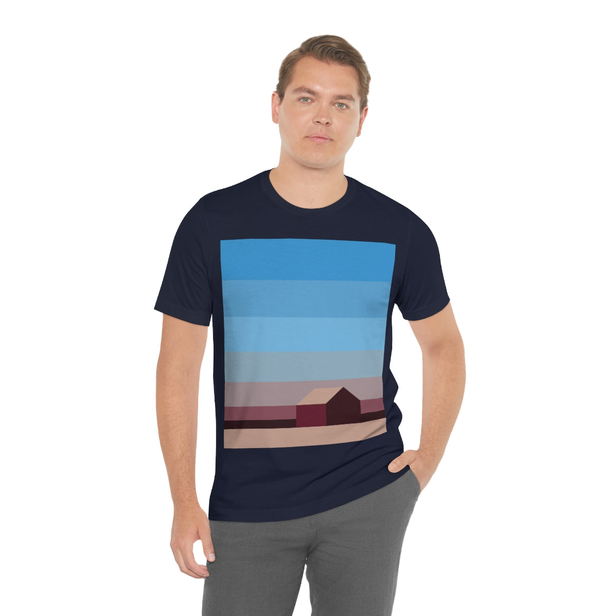 Sunset House Minimalist Abstract Art Landscape Minimal Design Unisex Jersey Short Sleeve T-Shirt Ichaku [Perfect Gifts Selection]