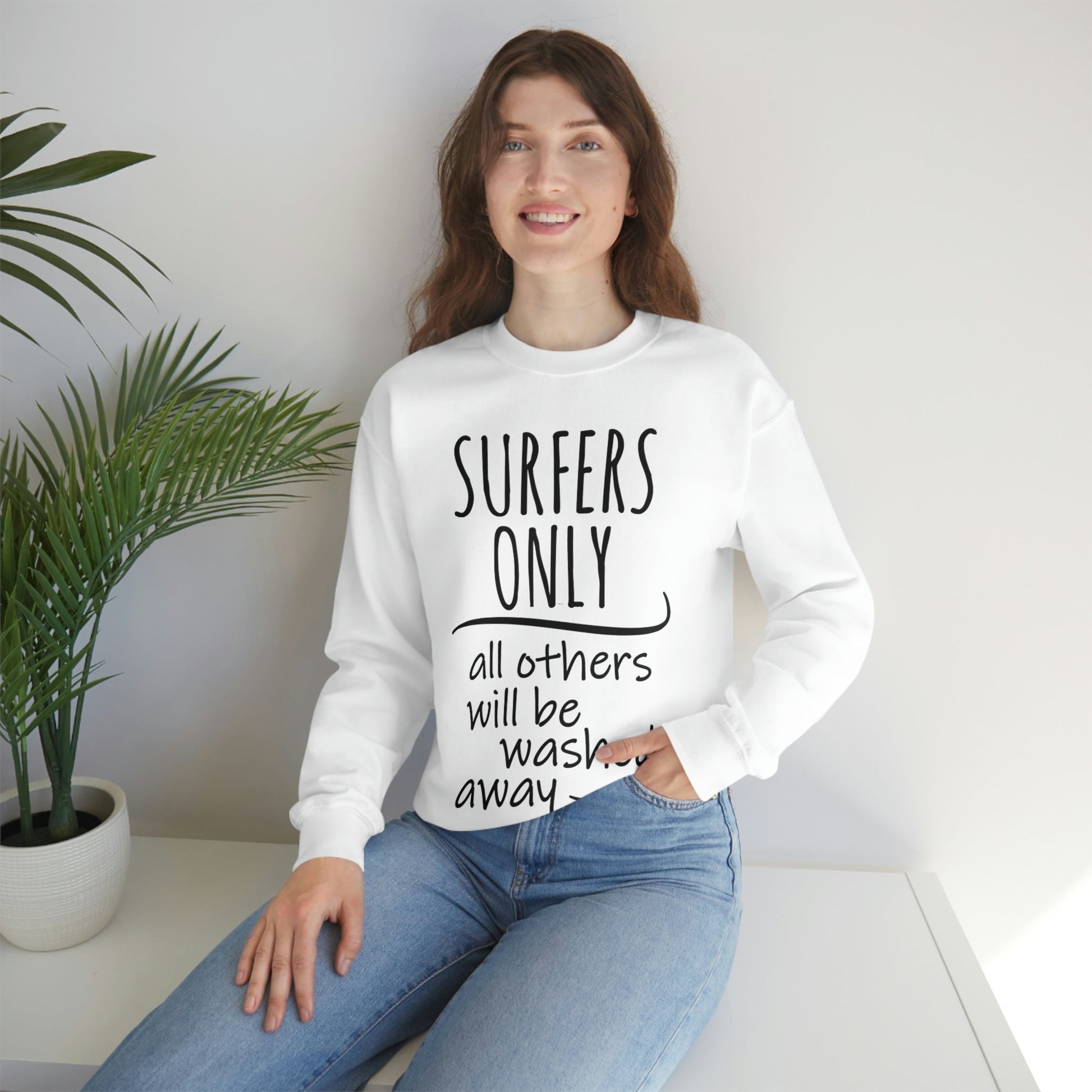 Surfers Only Surfing Lover Quotes White Text Unisex Heavy Blend™ Crewneck Sweatshirt Ichaku [Perfect Gifts Selection]