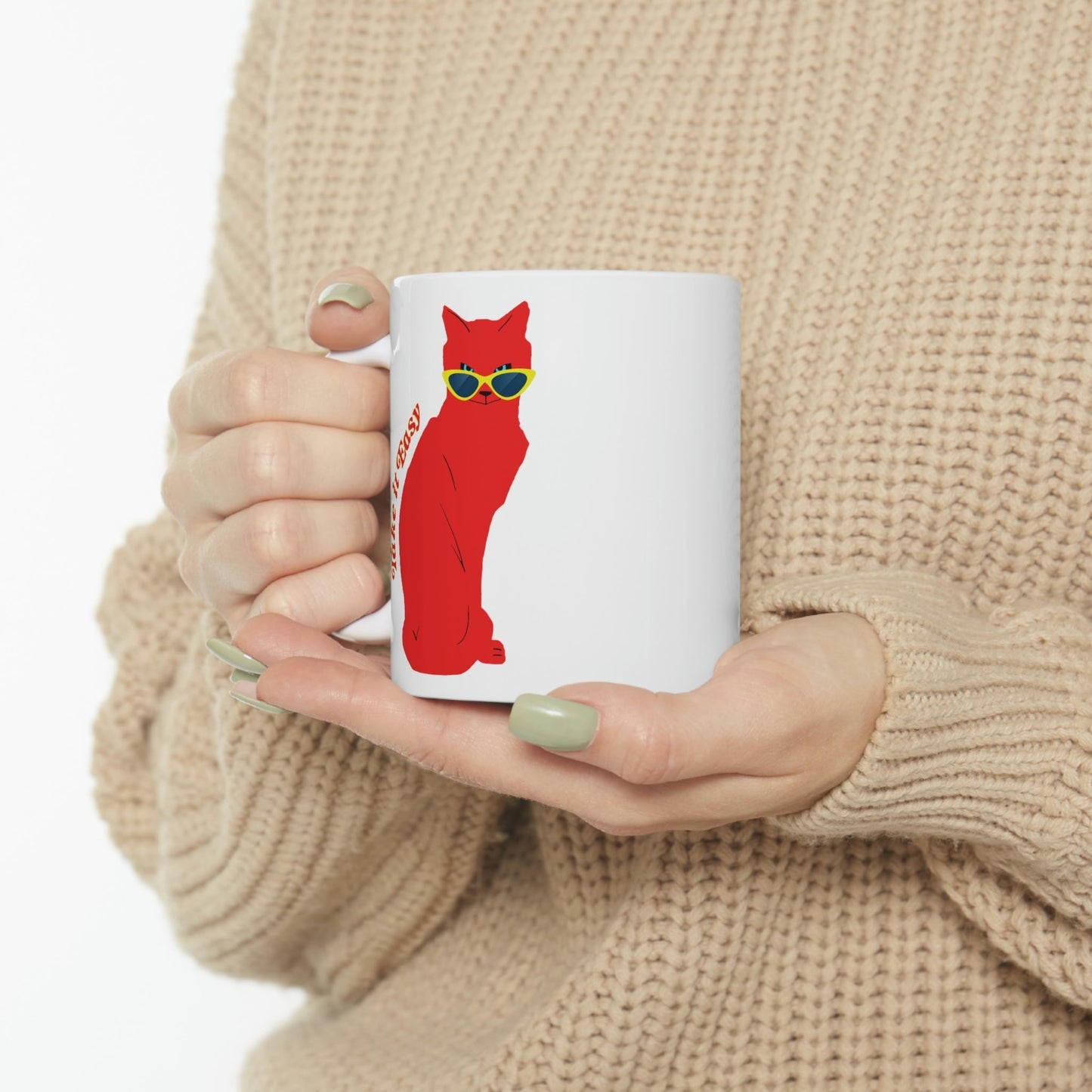 Take It Easy Red Cat Watching With Glasses Ceramic Mug 11oz Ichaku [Perfect Gifts Selection]