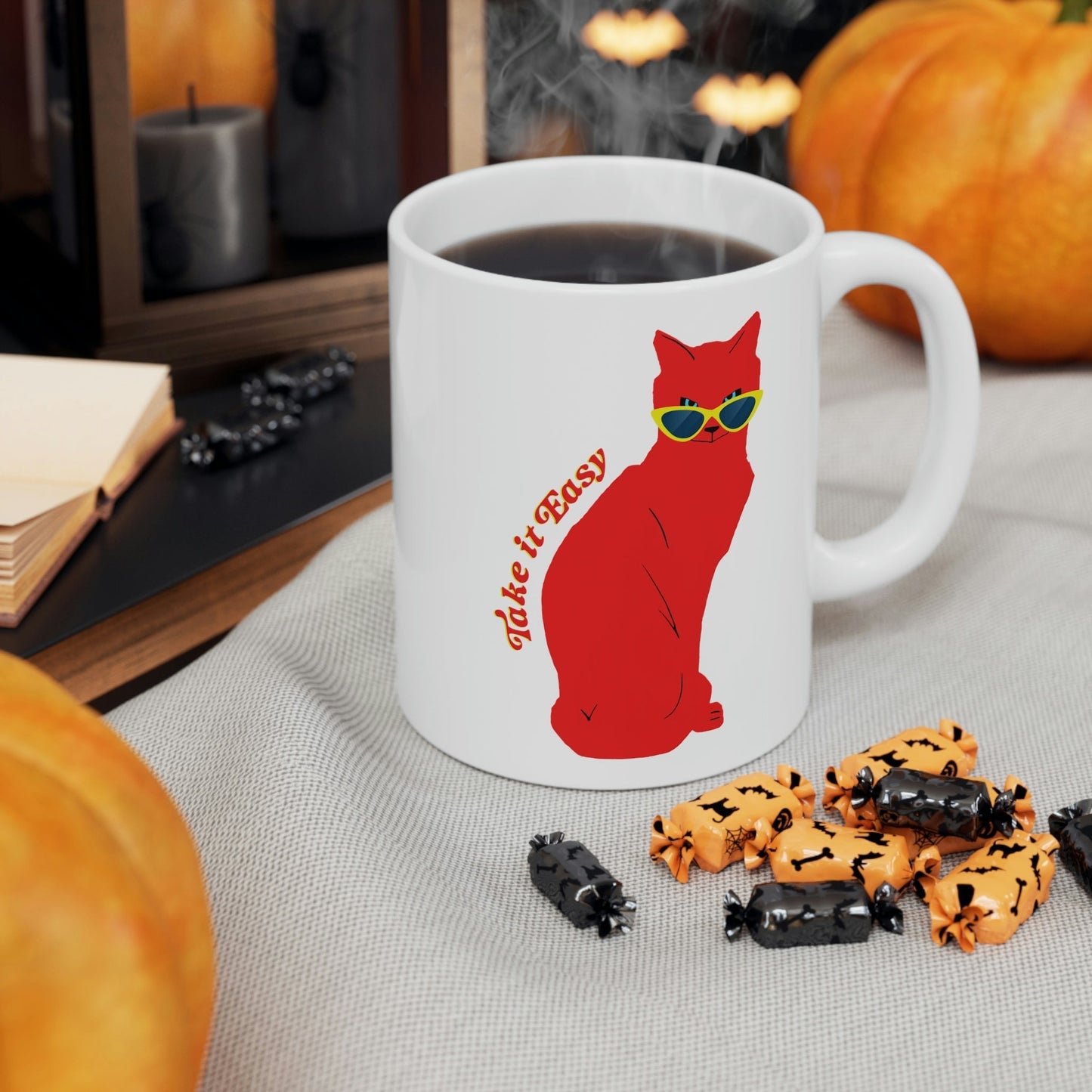 Take It Easy Red Cat Watching With Glasses Ceramic Mug 11oz Ichaku [Perfect Gifts Selection]