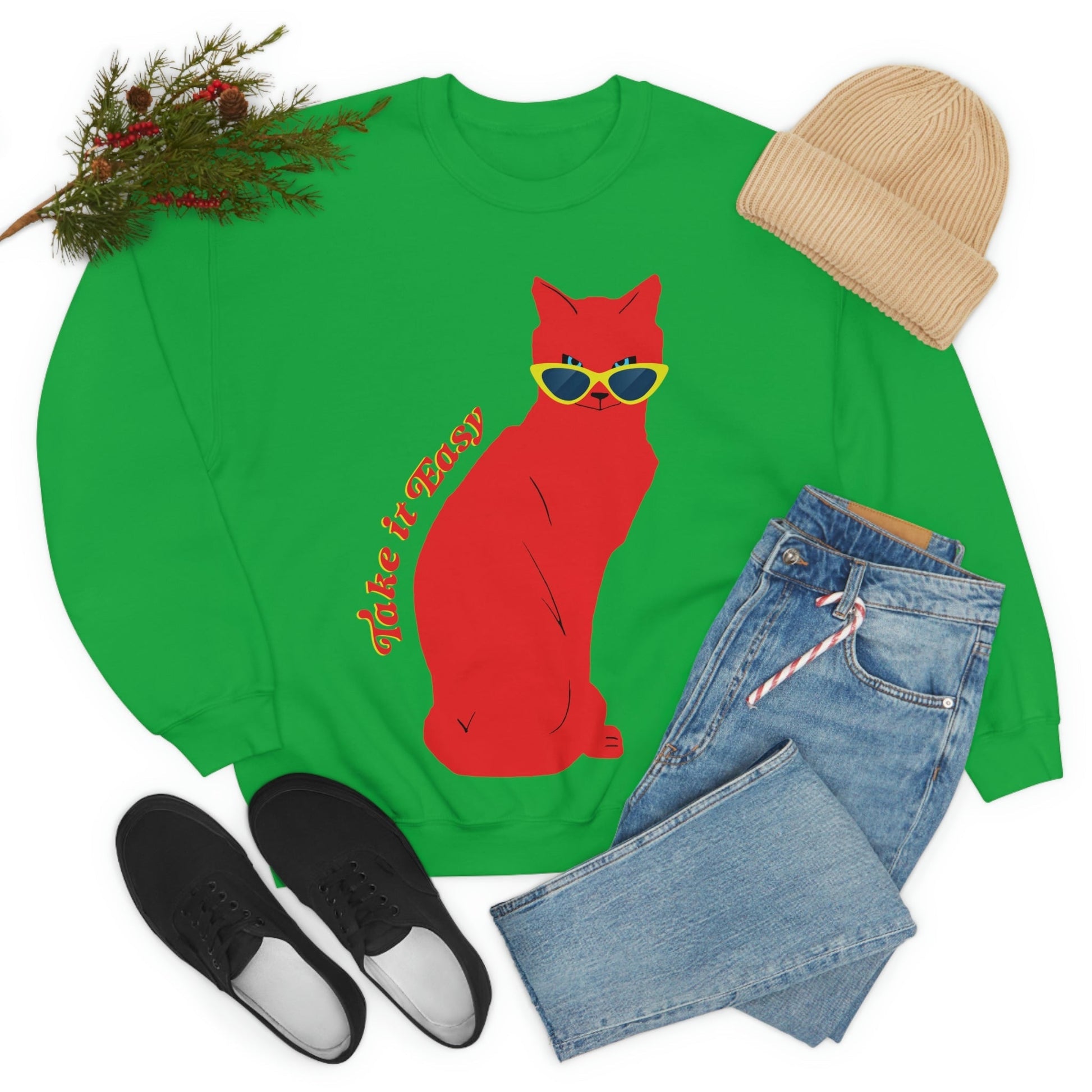 Take It Easy Red Cat Watching With Glasses Unisex Heavy Blend™ Crewneck Sweatshirt Ichaku [Perfect Gifts Selection]