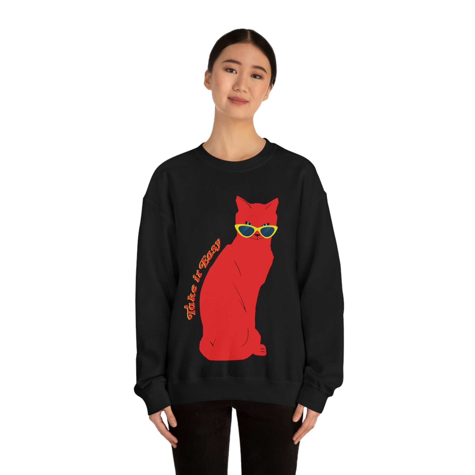 Take It Easy Red Cat Watching With Glasses Unisex Heavy Blend™ Crewneck Sweatshirt Ichaku [Perfect Gifts Selection]