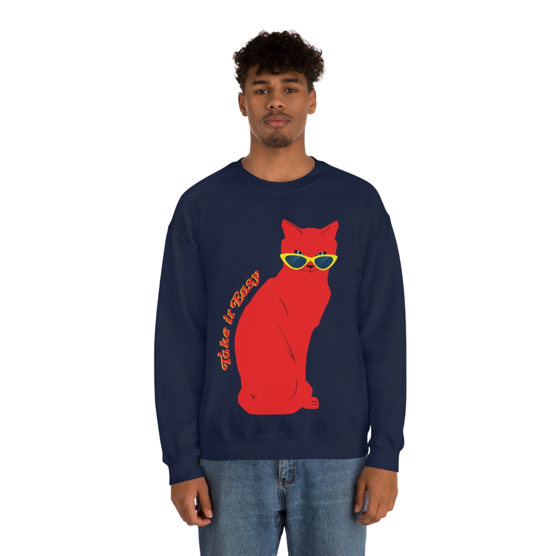 Take It Easy Red Cat Watching With Glasses Unisex Heavy Blend™ Crewneck Sweatshirt Ichaku [Perfect Gifts Selection]