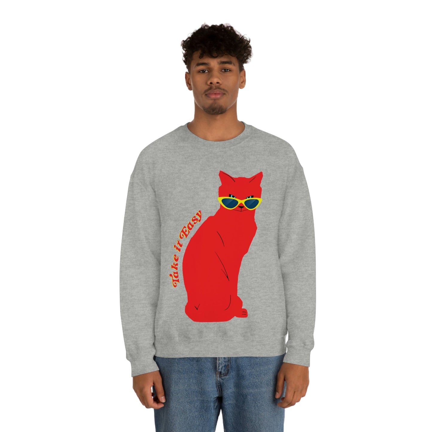 Take It Easy Red Cat Watching With Glasses Unisex Heavy Blend™ Crewneck Sweatshirt Ichaku [Perfect Gifts Selection]