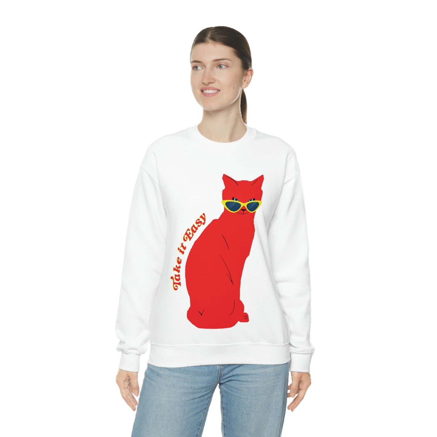 Take It Easy Red Cat Watching With Glasses Unisex Heavy Blend™ Crewneck Sweatshirt Ichaku [Perfect Gifts Selection]