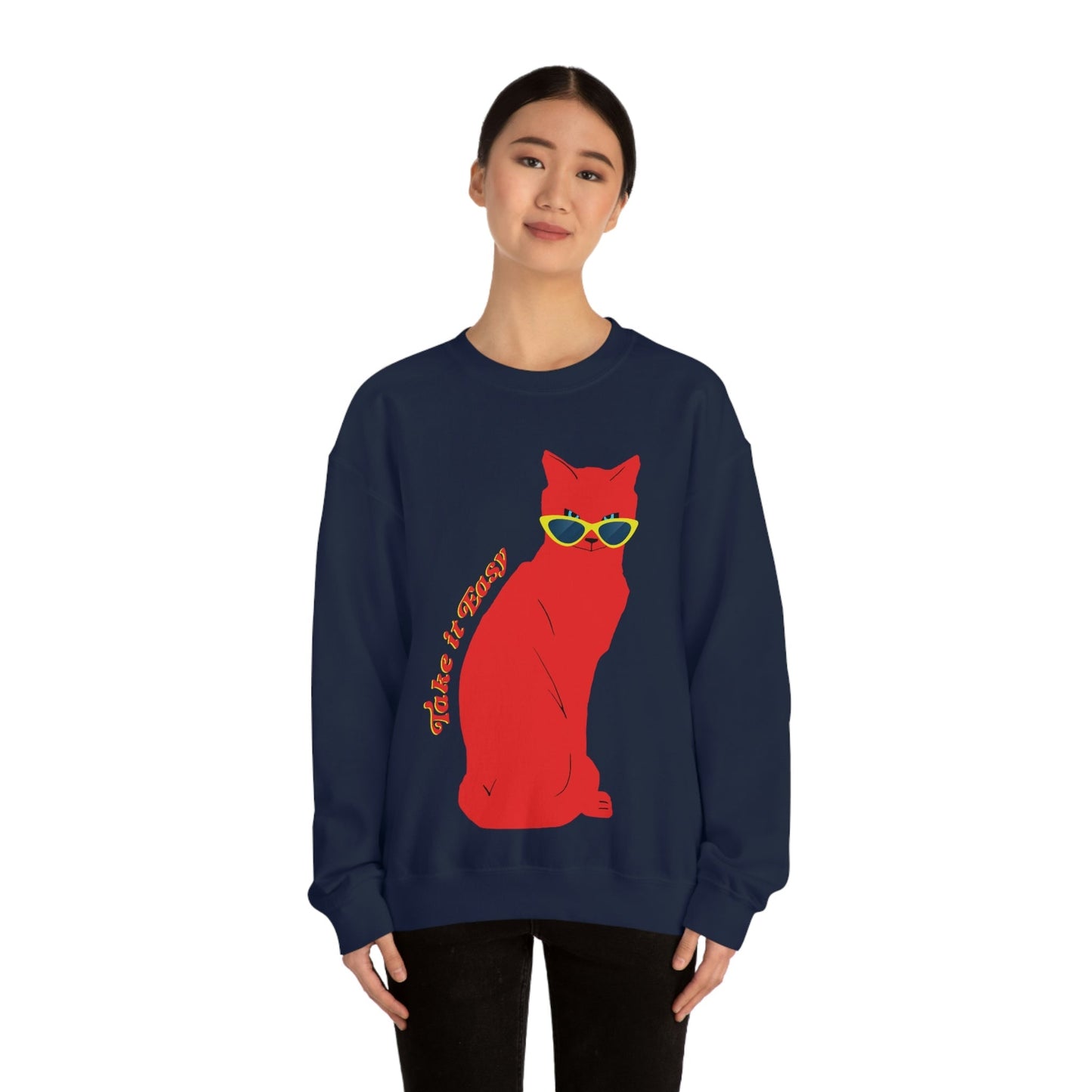 Take It Easy Red Cat Watching With Glasses Unisex Heavy Blend™ Crewneck Sweatshirt Ichaku [Perfect Gifts Selection]