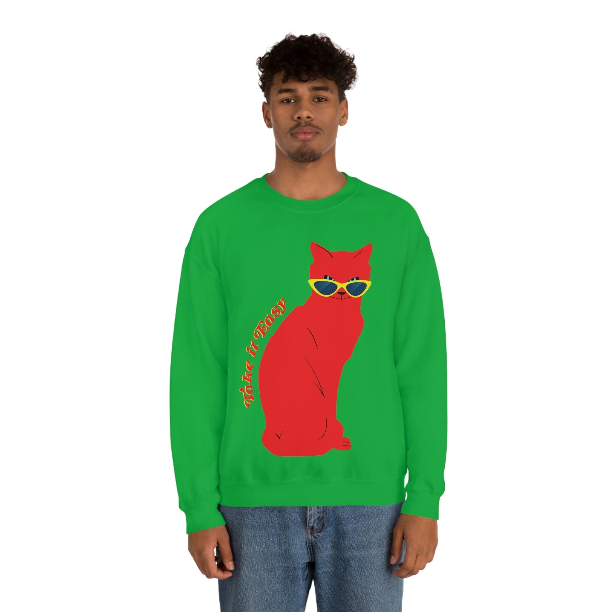 Take It Easy Red Cat Watching With Glasses Unisex Heavy Blend™ Crewneck Sweatshirt Ichaku [Perfect Gifts Selection]