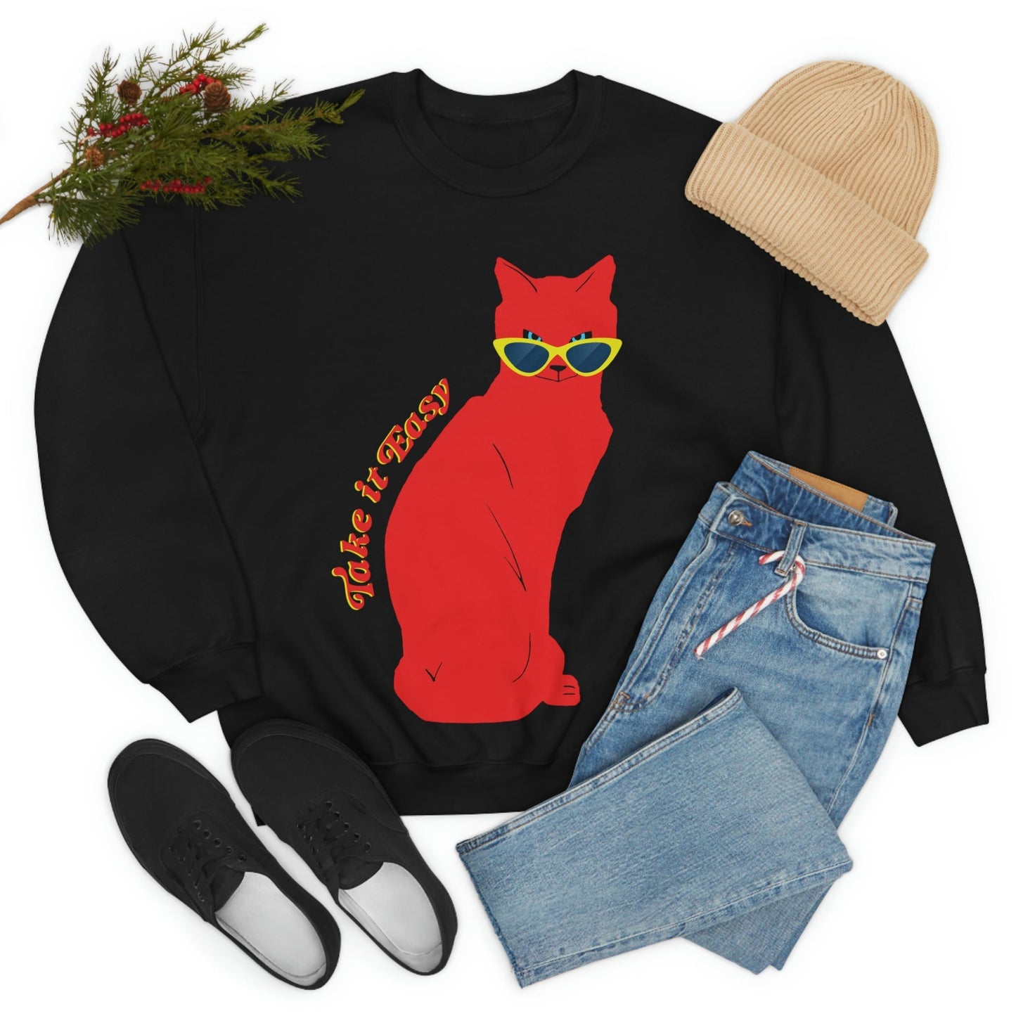 Take It Easy Red Cat Watching With Glasses Unisex Heavy Blend™ Crewneck Sweatshirt Ichaku [Perfect Gifts Selection]