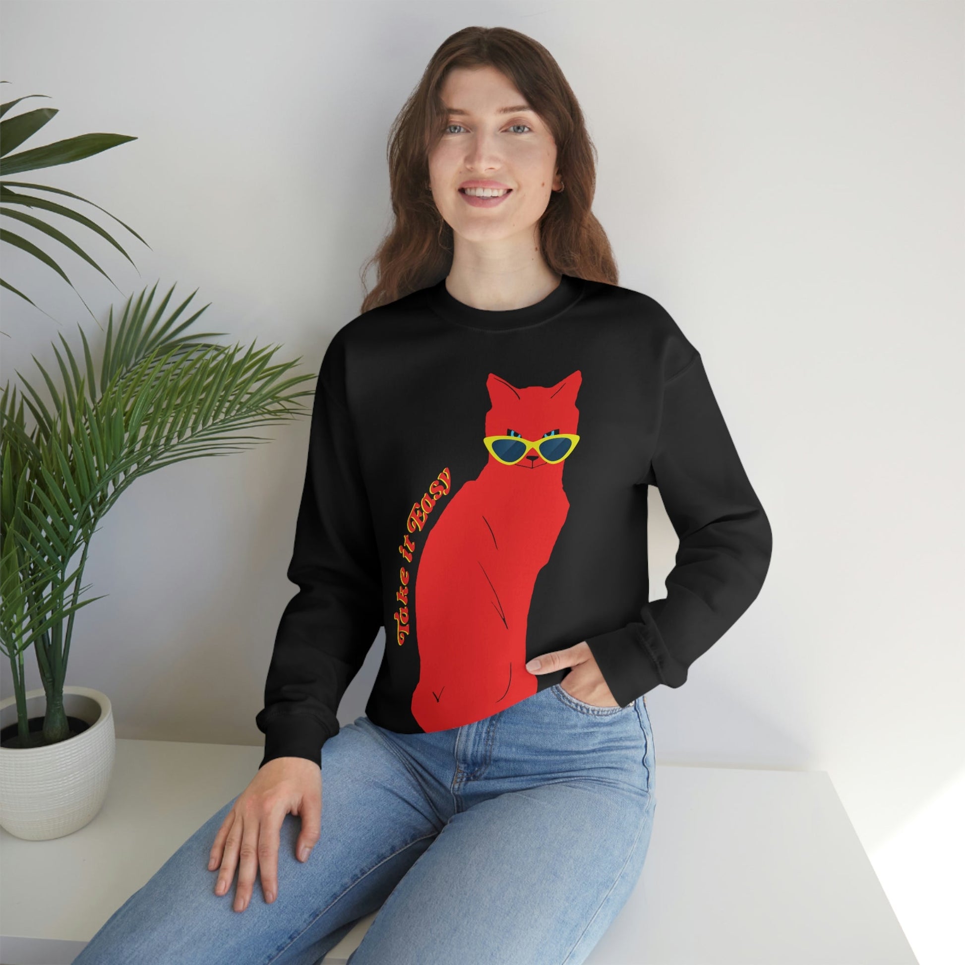 Take It Easy Red Cat Watching With Glasses Unisex Heavy Blend™ Crewneck Sweatshirt Ichaku [Perfect Gifts Selection]