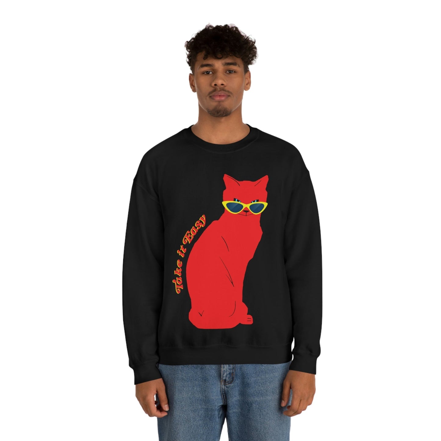 Take It Easy Red Cat Watching With Glasses Unisex Heavy Blend™ Crewneck Sweatshirt Ichaku [Perfect Gifts Selection]