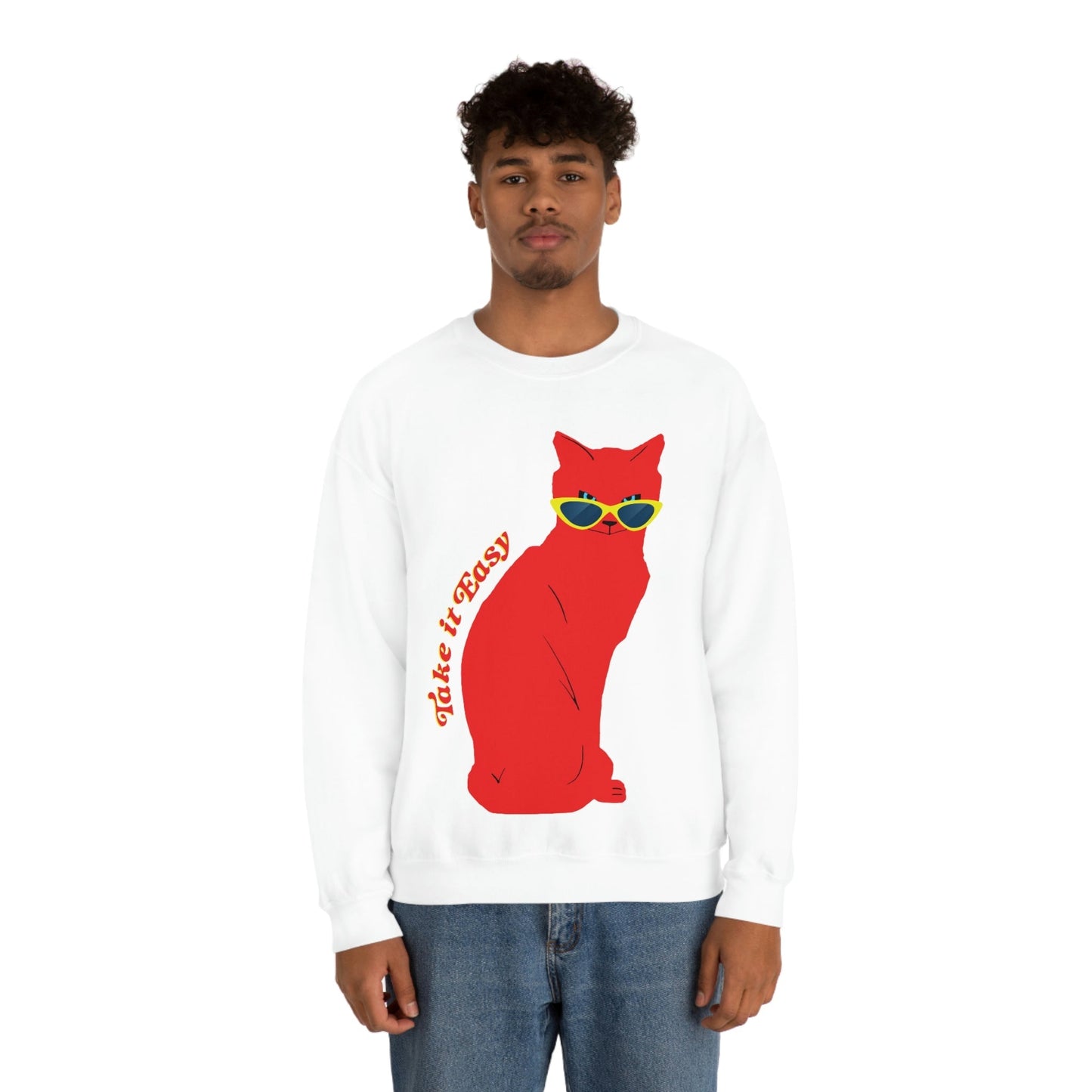 Take It Easy Red Cat Watching With Glasses Unisex Heavy Blend™ Crewneck Sweatshirt Ichaku [Perfect Gifts Selection]