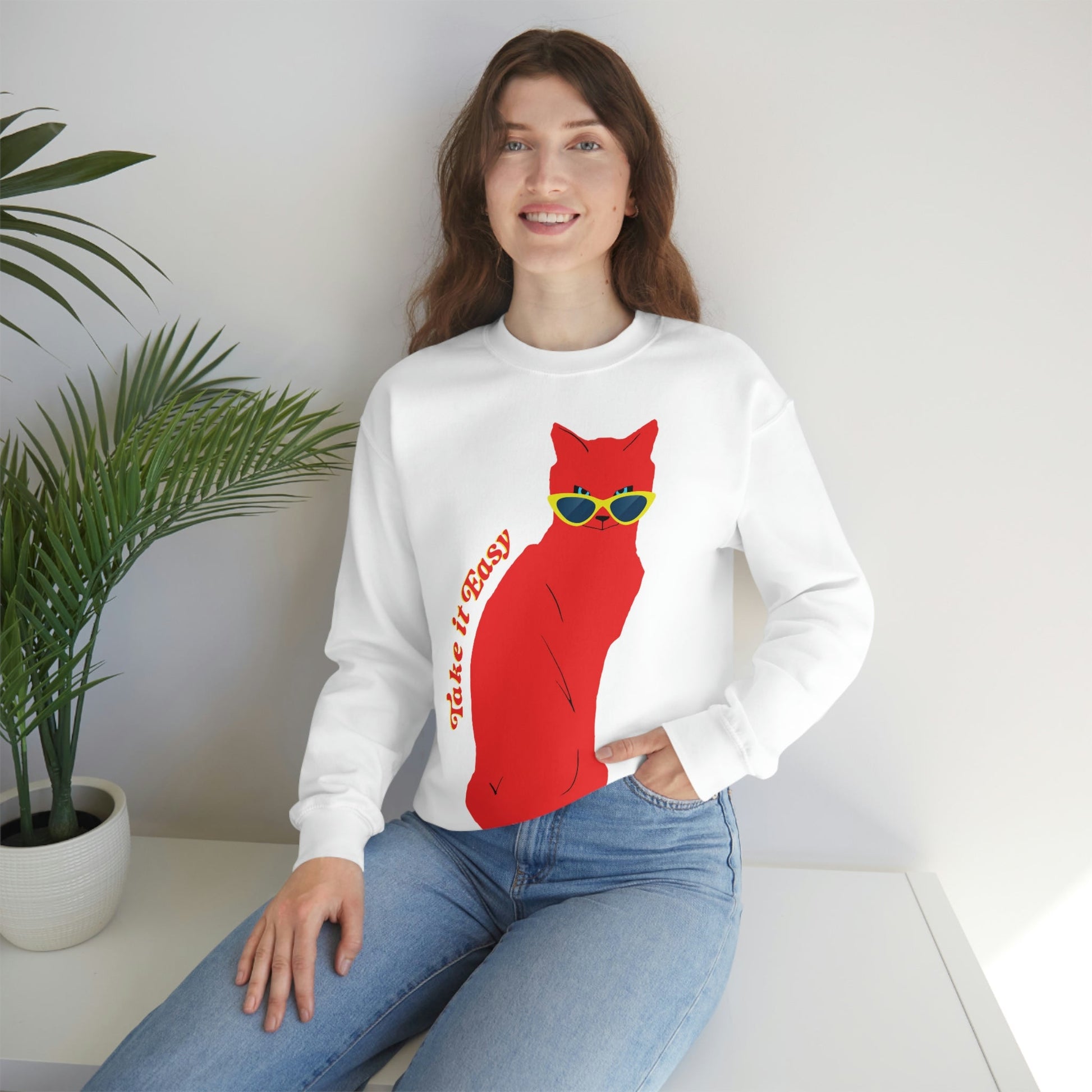 Take It Easy Red Cat Watching With Glasses Unisex Heavy Blend™ Crewneck Sweatshirt Ichaku [Perfect Gifts Selection]