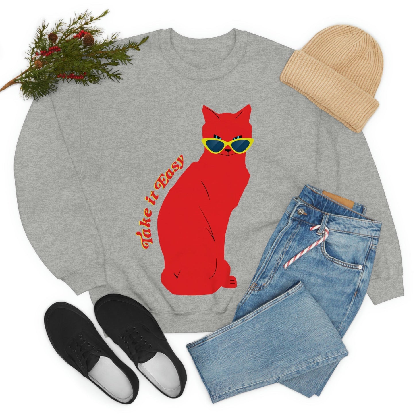 Take It Easy Red Cat Watching With Glasses Unisex Heavy Blend™ Crewneck Sweatshirt Ichaku [Perfect Gifts Selection]