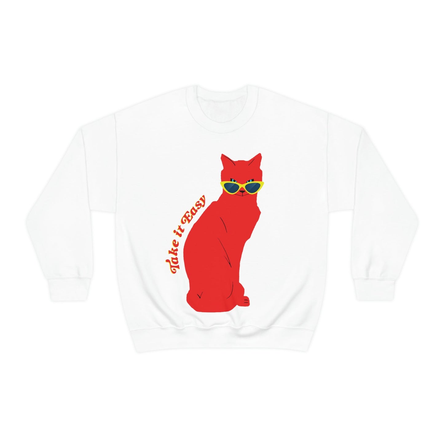 Take It Easy Red Cat Watching With Glasses Unisex Heavy Blend™ Crewneck Sweatshirt Ichaku [Perfect Gifts Selection]