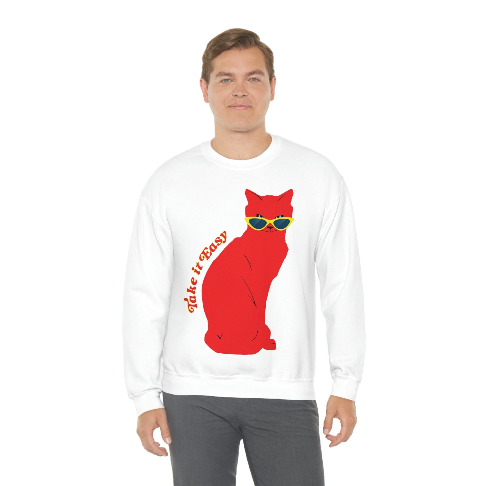 Take It Easy Red Cat Watching With Glasses Unisex Heavy Blend™ Crewneck Sweatshirt Ichaku [Perfect Gifts Selection]