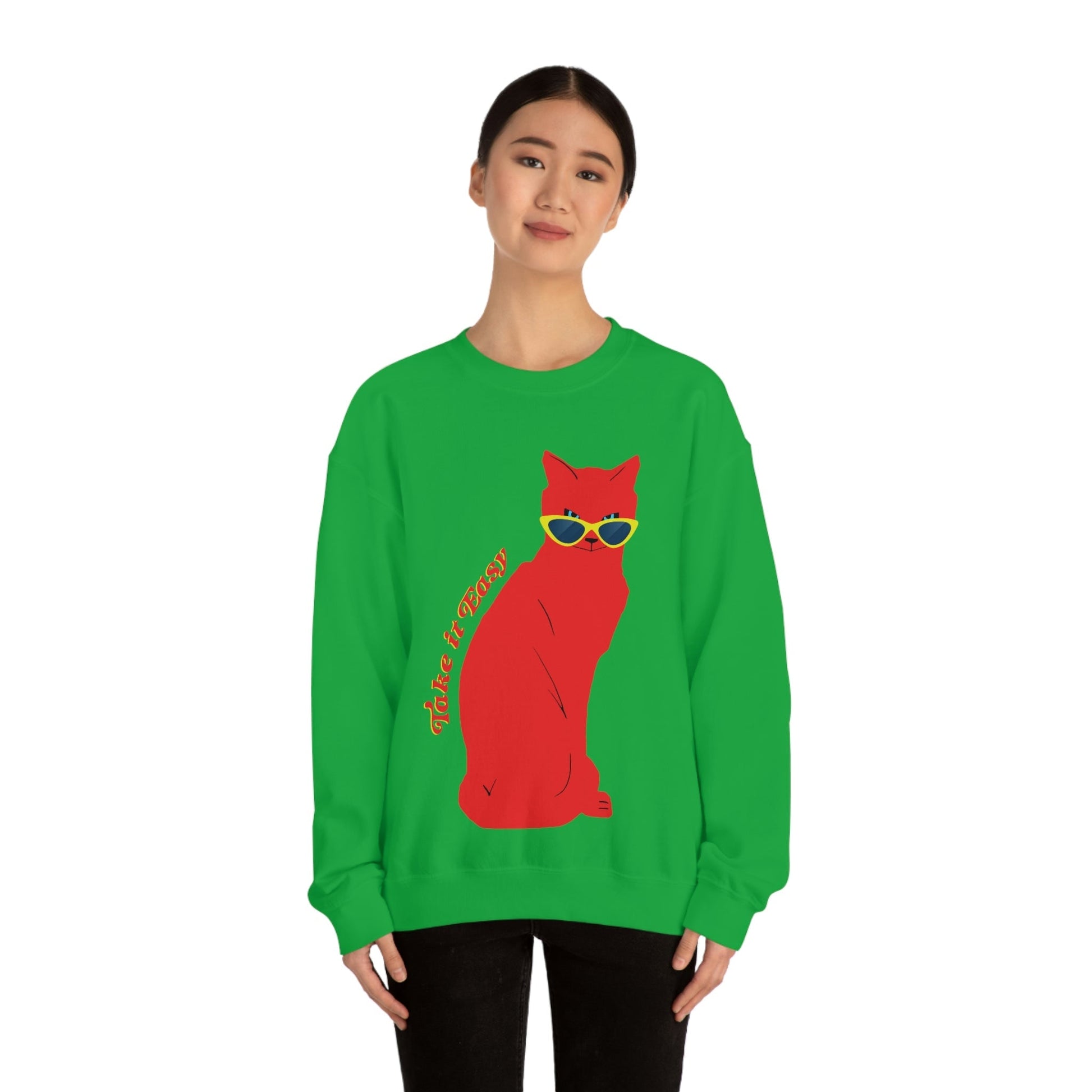 Take It Easy Red Cat Watching With Glasses Unisex Heavy Blend™ Crewneck Sweatshirt Ichaku [Perfect Gifts Selection]