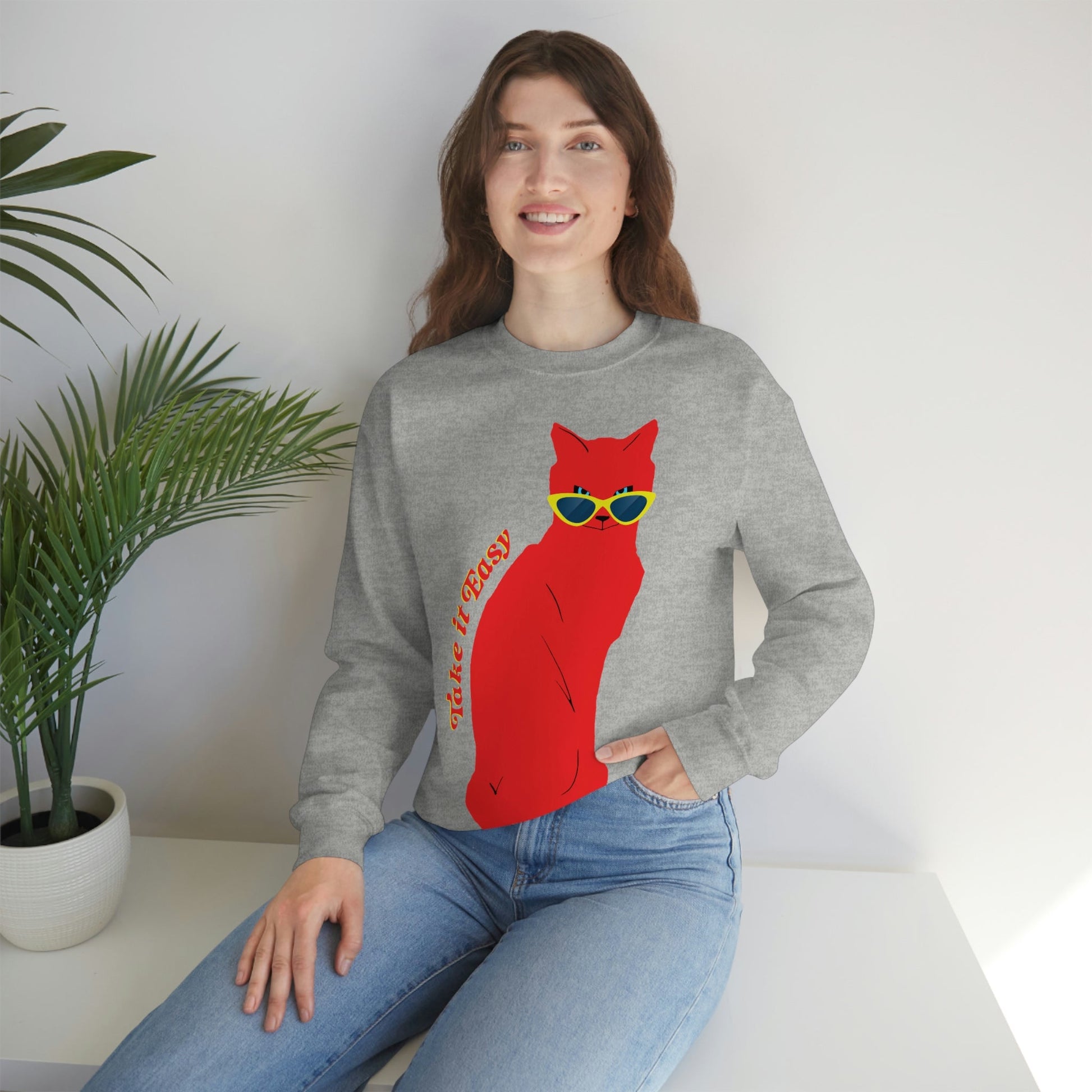 Take It Easy Red Cat Watching With Glasses Unisex Heavy Blend™ Crewneck Sweatshirt Ichaku [Perfect Gifts Selection]