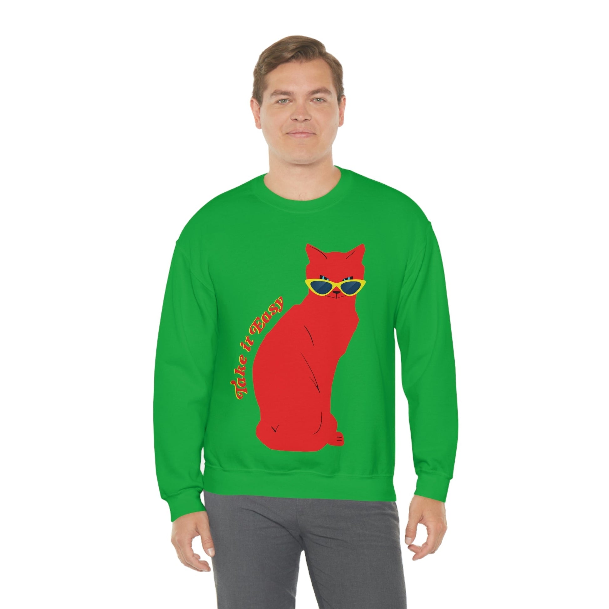 Take It Easy Red Cat Watching With Glasses Unisex Heavy Blend™ Crewneck Sweatshirt Ichaku [Perfect Gifts Selection]