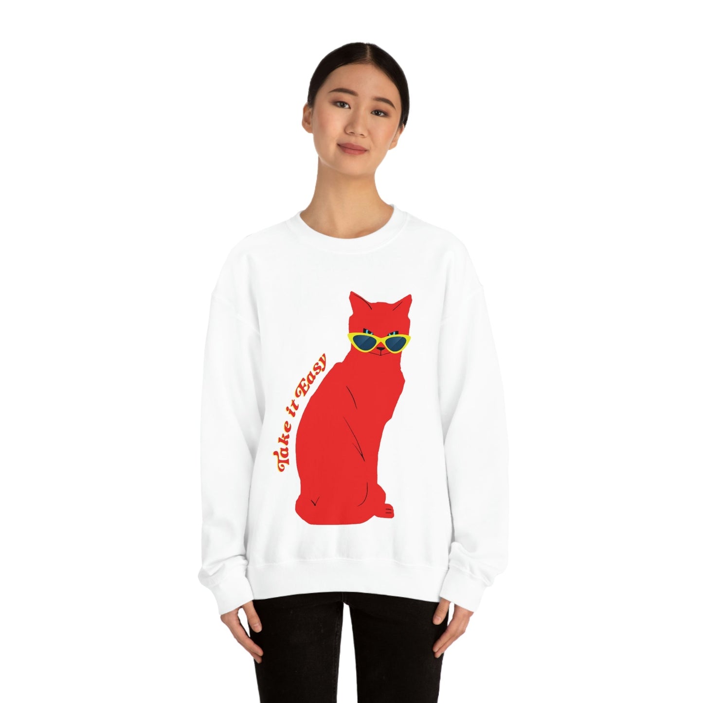 Take It Easy Red Cat Watching With Glasses Unisex Heavy Blend™ Crewneck Sweatshirt Ichaku [Perfect Gifts Selection]