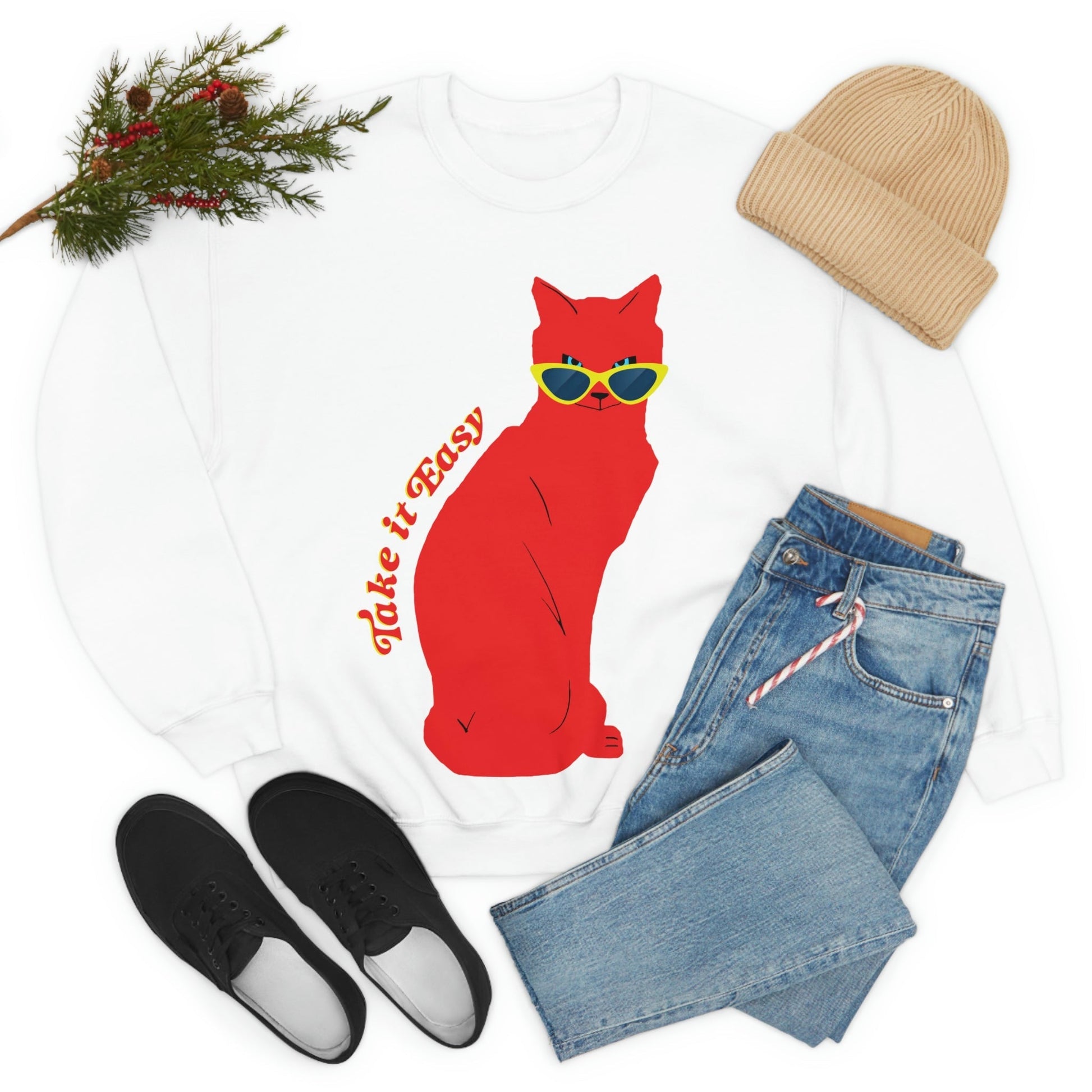 Take It Easy Red Cat Watching With Glasses Unisex Heavy Blend™ Crewneck Sweatshirt Ichaku [Perfect Gifts Selection]