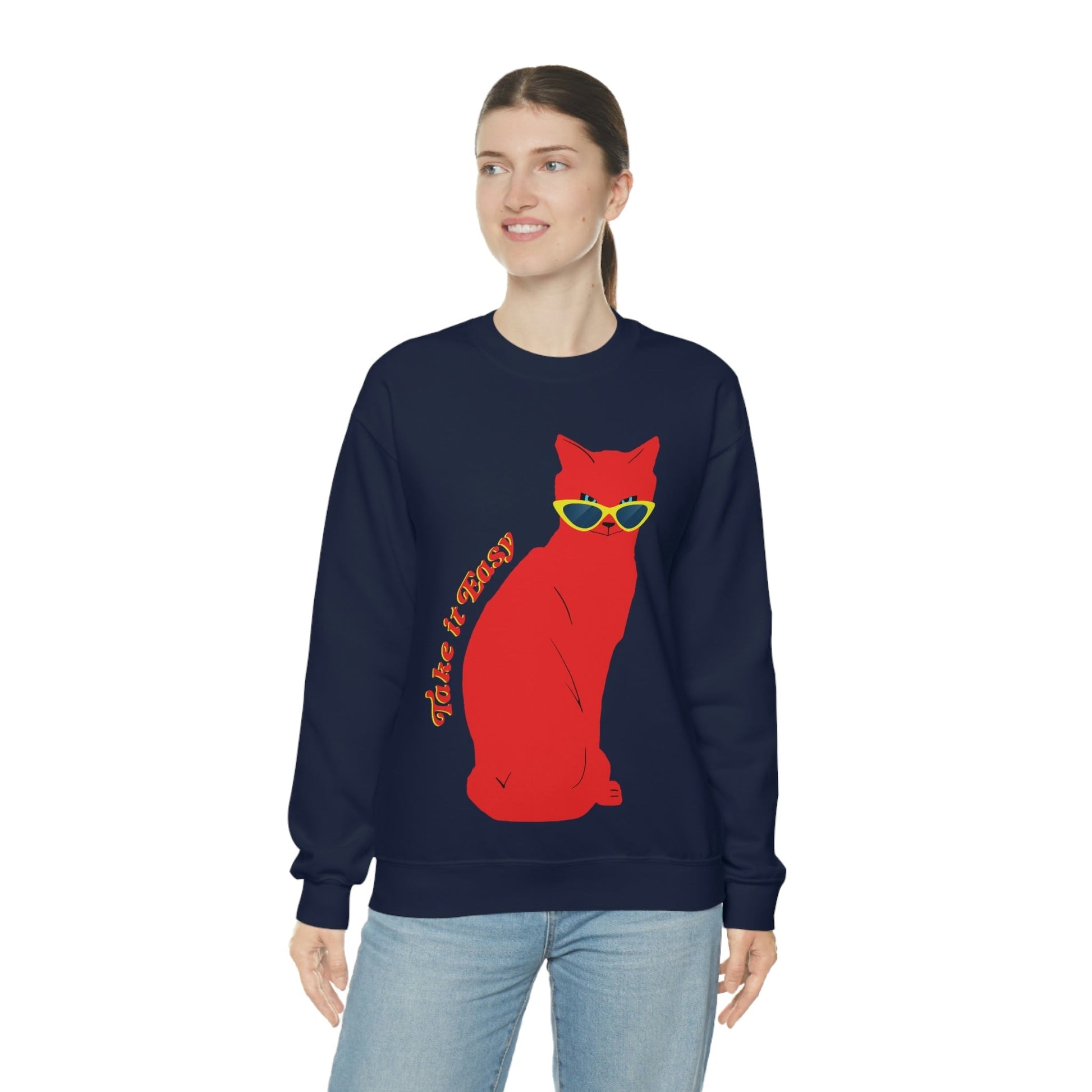 Take It Easy Red Cat Watching With Glasses Unisex Heavy Blend™ Crewneck Sweatshirt Ichaku [Perfect Gifts Selection]